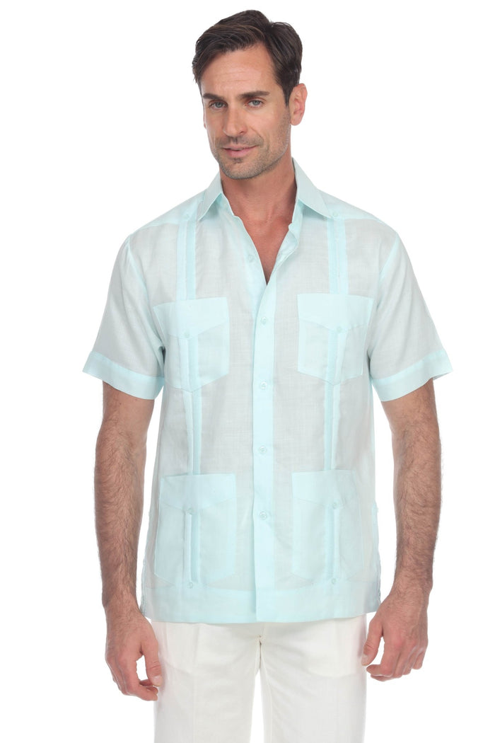 Men's 100% linen guayabera shirt in black featuring traditional four-pocket styling and vertical pleats for a modern resort look.