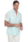 A light blue linen guayabera shirt for men, showing the subtle embroidery and authentic traditional details.