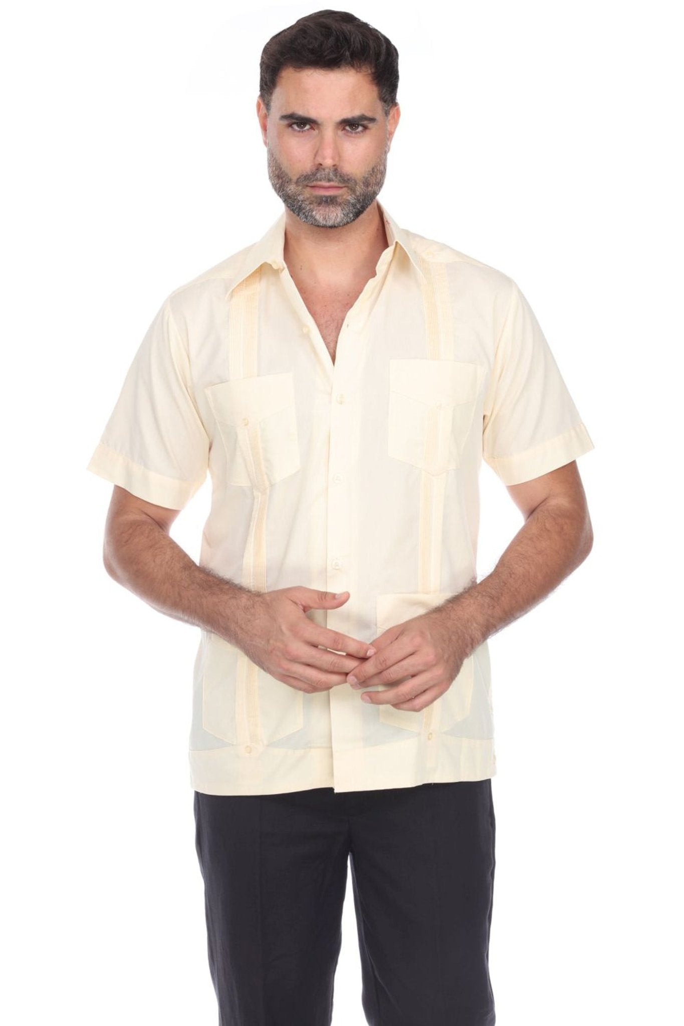 Front view of a Men's 100% Linen Guayabera Shirt in cream featuring four-pocket styling and vertical pleats.