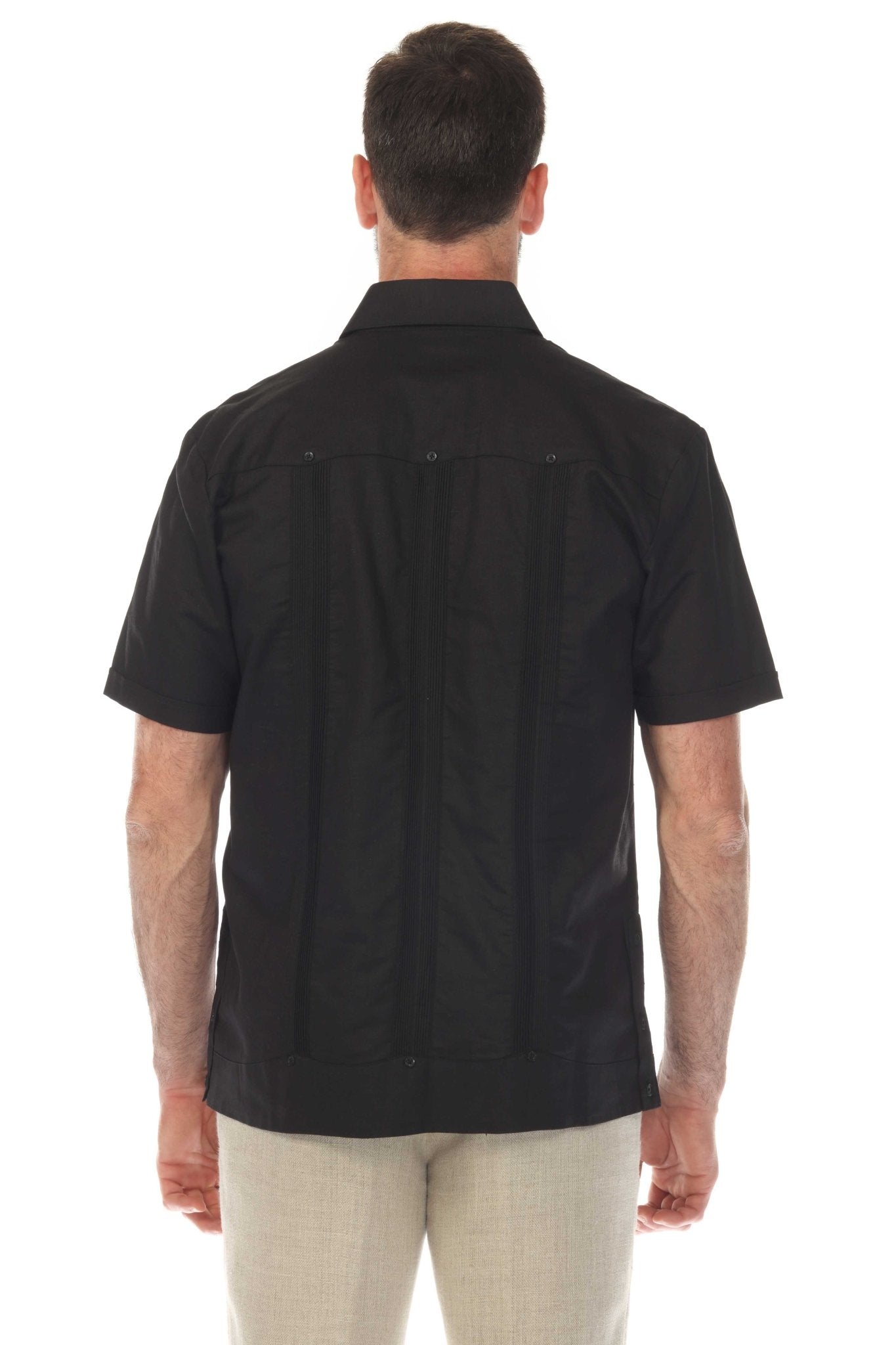 Back view of a man wearing the black Big & Tall 100% Linen Classic Short Sleeve Guayabera Shirt.