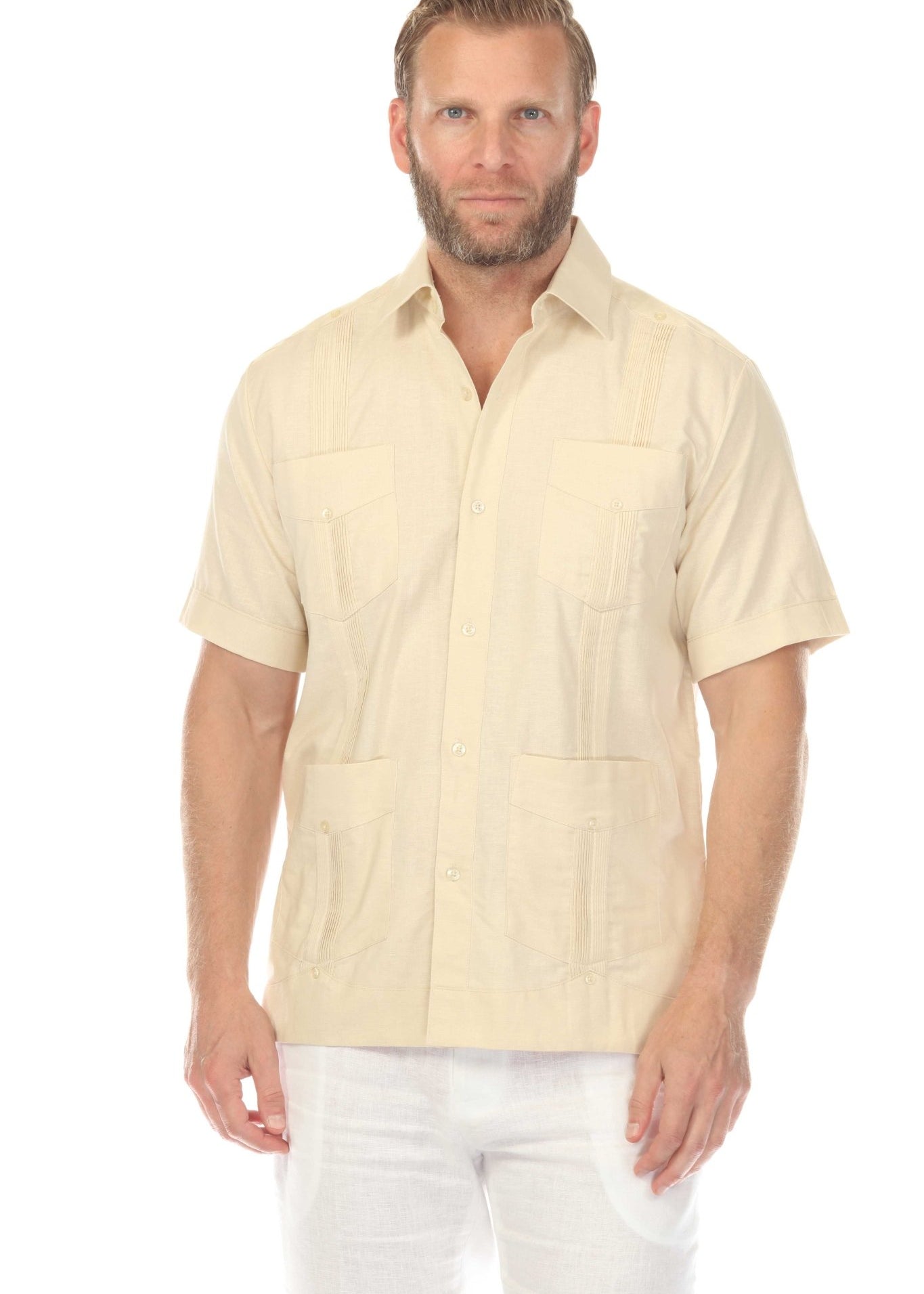 Men's natural cream short sleeve guayabera shirt in 100% premium linen, perfect for beach weddings and summer celebrations.