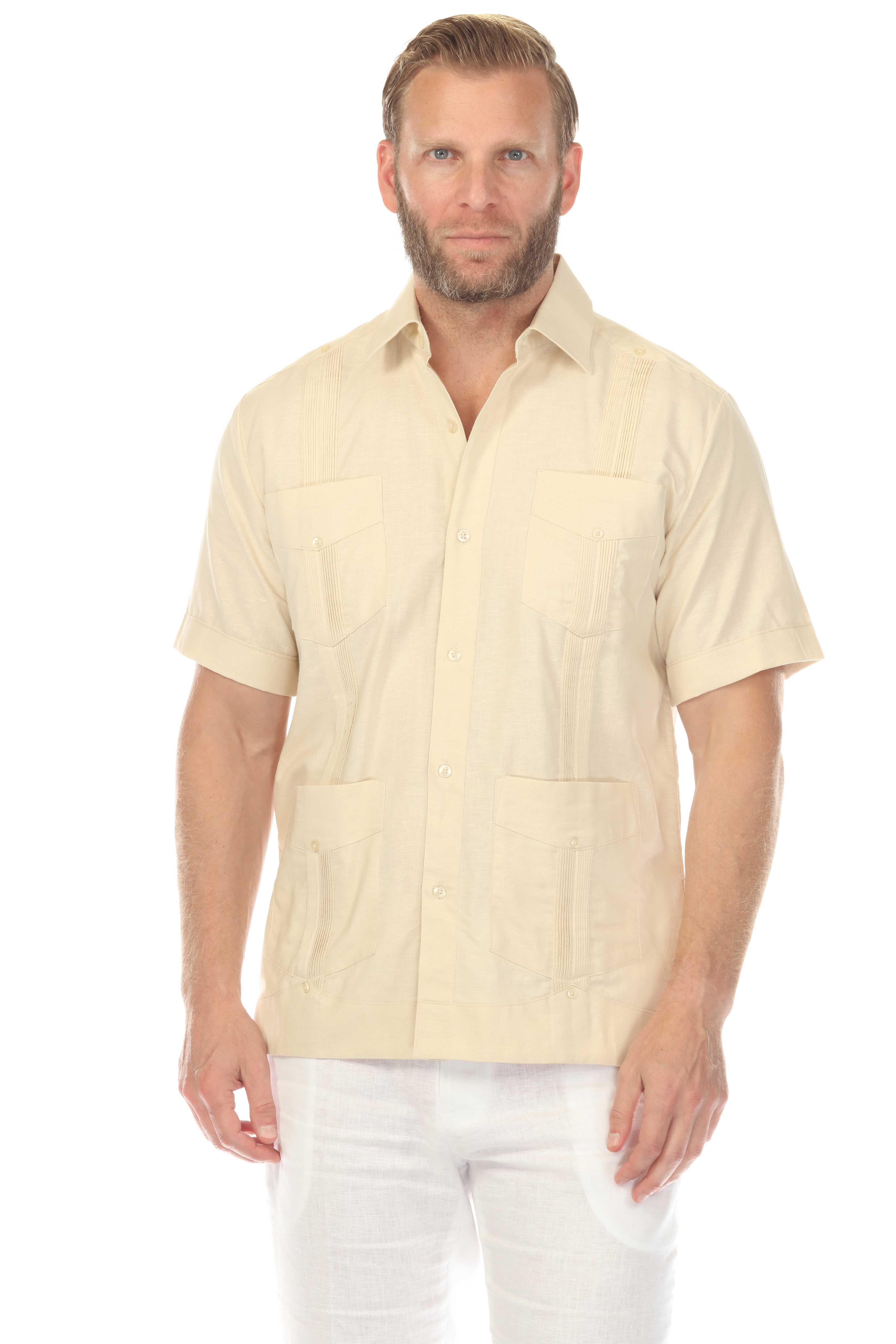 Camisa Guayabera Tradicional para Hombre Premium 100% Lino Manga Corta Diseño de 4 Bolsillos