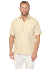 Camisa Guayabera Tradicional para Hombre Premium 100% Lino Manga Corta Diseño de 4 Bolsillos