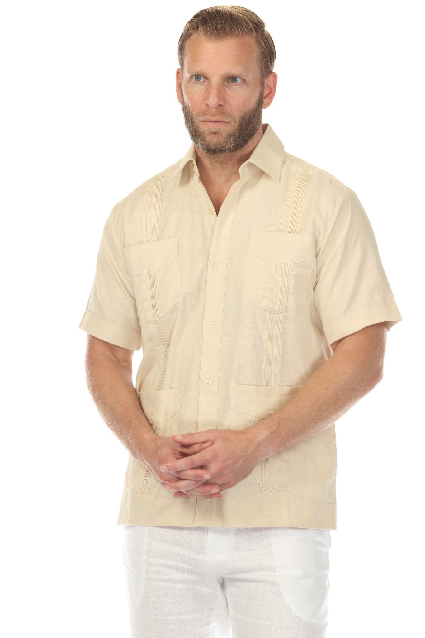 Camisa Guayabera Tradicional para Hombre Premium 100% Lino Manga Corta Diseño de 4 Bolsillos