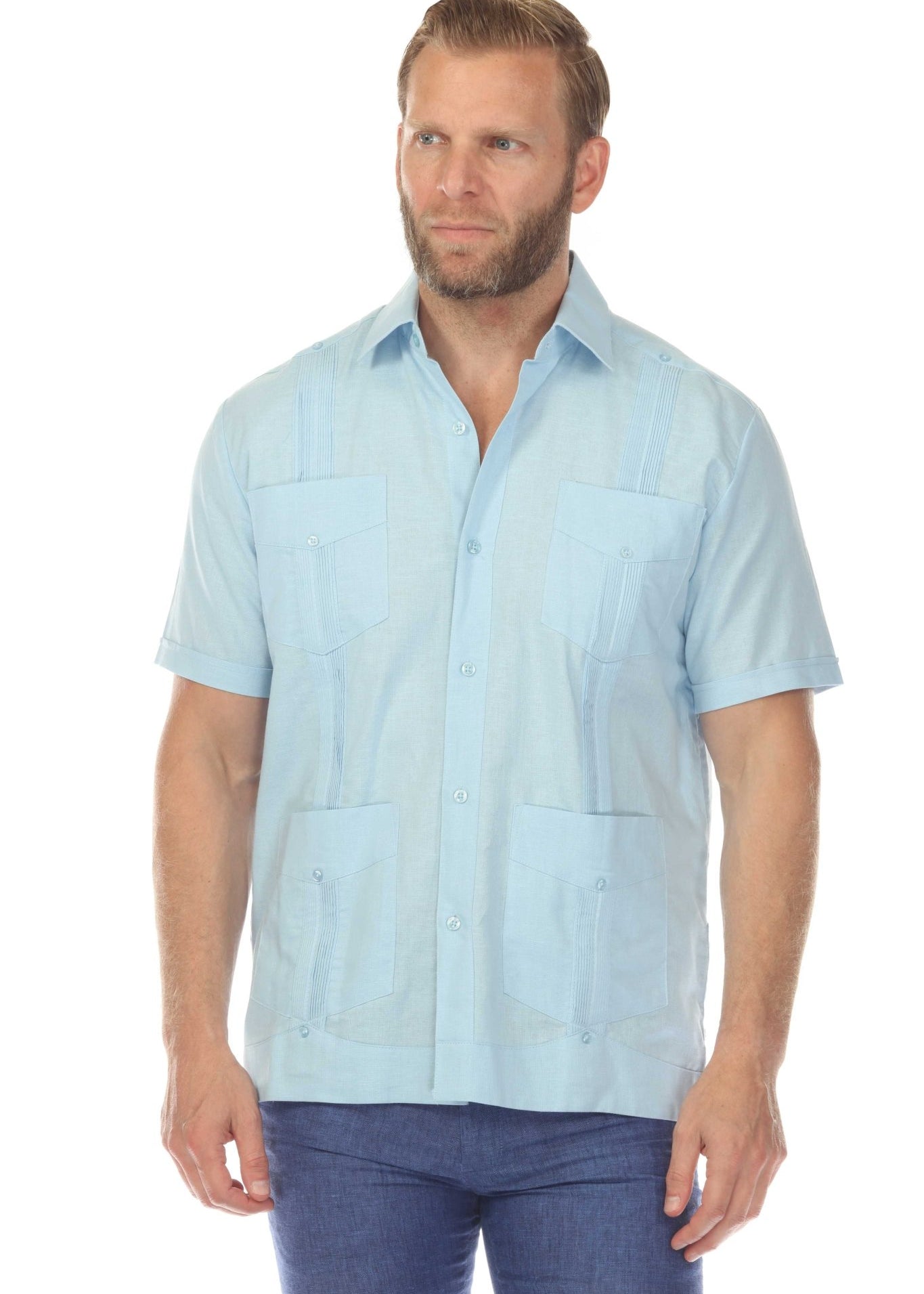 A direct front view of the light blue short sleeve linen guayabera shirt, highlighting the classic collar and button detailing.