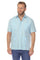 A direct front view of the light blue short sleeve linen guayabera shirt, highlighting the classic collar and button detailing.
