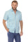 Front view of a man wearing the men’s light blue short sleeve 100% linen guayabera shirt with all four pockets and vertical pleats visible.