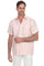 Front view of the short sleeve pink linen guayabera shirt featuring authentic four-pocket styling and refined collar.