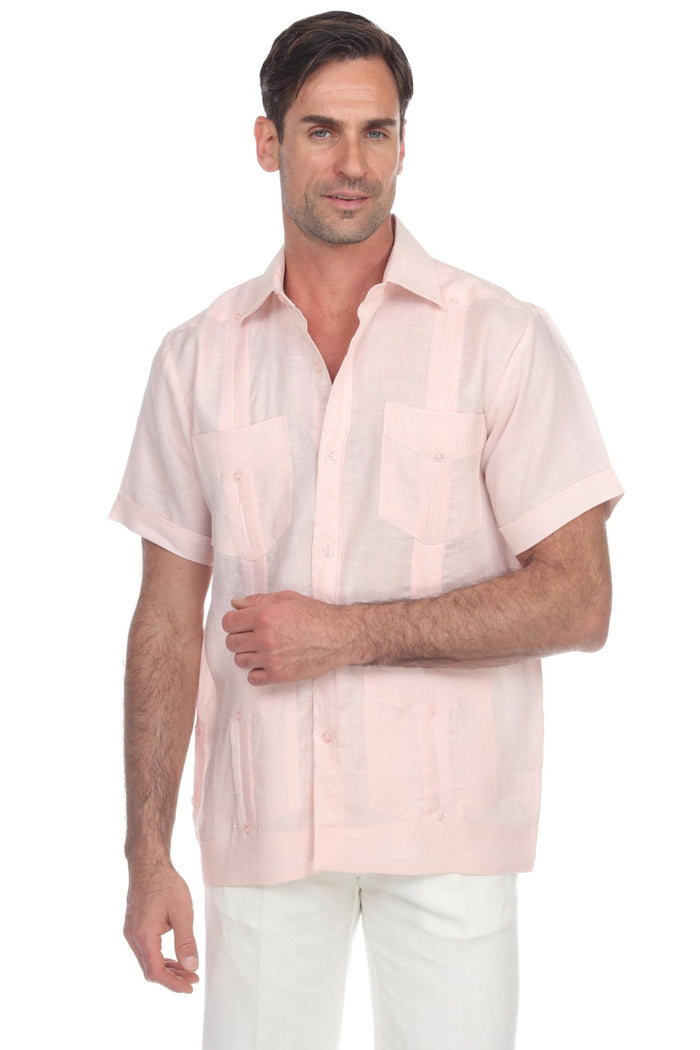 Men's 100% linen guayabera shirt in black featuring traditional four-pocket styling and vertical pleats for a modern resort look.
