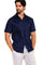 Three-quarter front view of the men's navy blue short sleeve linen guayabera shirt with four pockets.