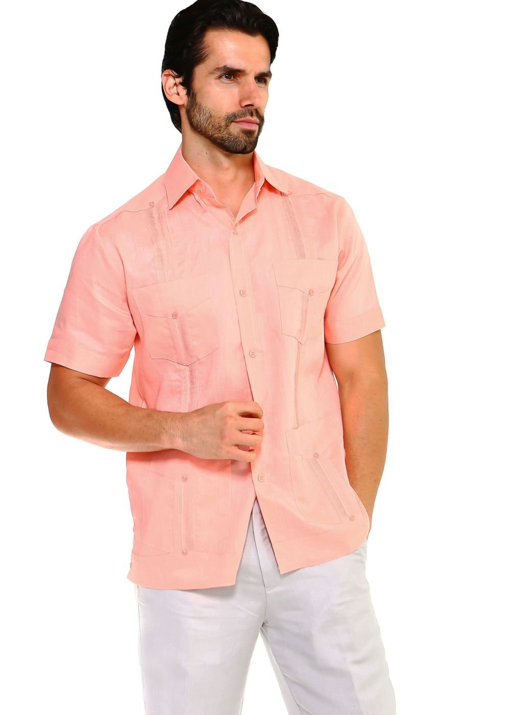 Men’s peach-toned linen guayabera shirt, perfect for beach weddings, summer dinners, and special occasions.