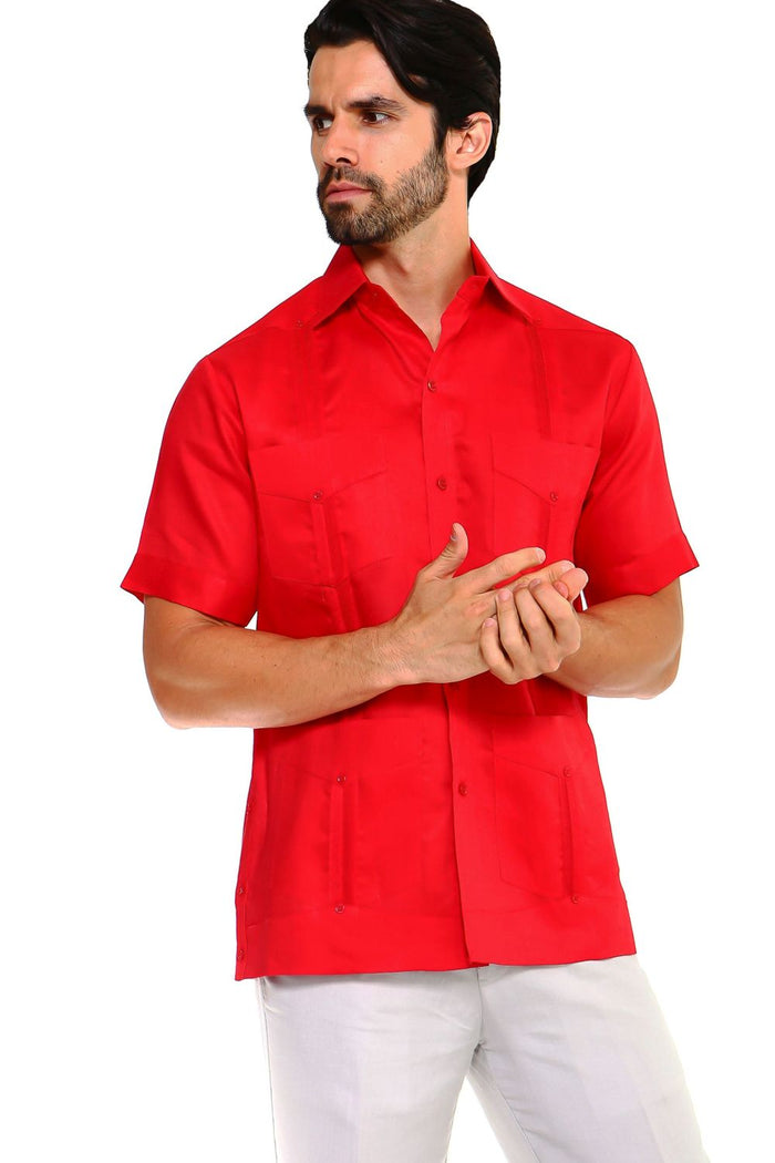 Men's 100% linen guayabera shirt in black featuring traditional four-pocket styling and vertical pleats for a modern resort look.