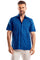 Front view of a royal blue 100% linen guayabera shirt featuring authentic four-pocket styling and a classic collar.