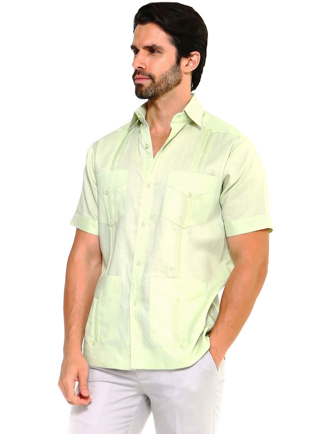4 view of the light green guayabera shirt in 100% premium linen for a comfortable, crisp silhouette.