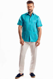 100% Linen Guayabera Shirt Four Pocket Short Sleeve