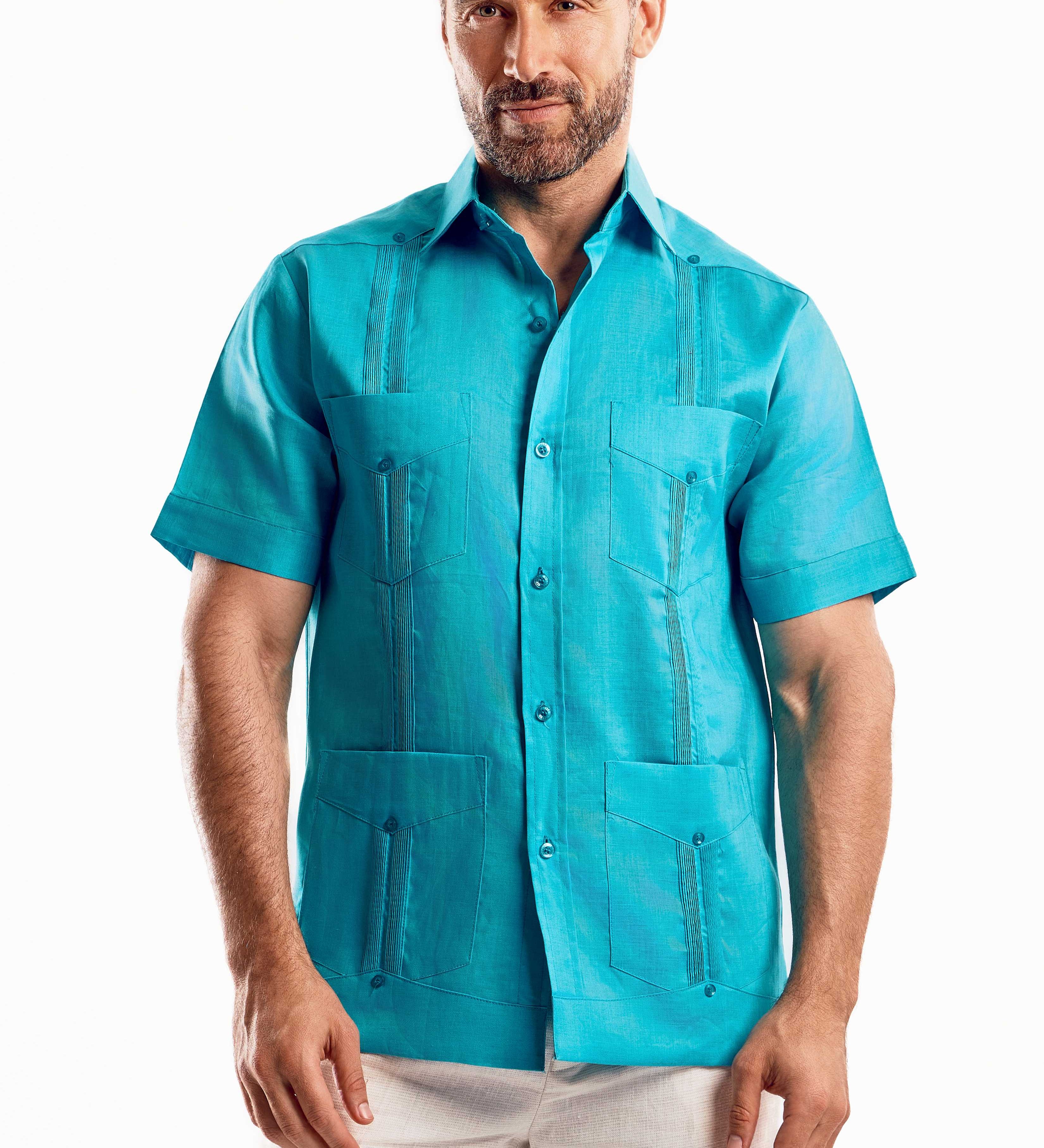 Mojito Collection Men's Traditional Guayabera Shirt Premium 100% Linen Short Sleeve  4 Pocket  Design