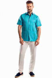 Camisa Guayabera Tradicional para Hombre Colección Mojito, Lino 100% Premium, Manga Corta, Diseño de 4 Bolsillos