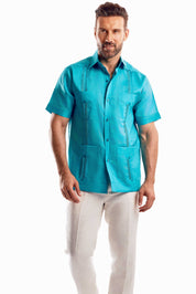 Camisa Guayabera Tradicional para Hombre Colección Mojito, Lino 100% Premium, Manga Corta, Diseño de 4 Bolsillos