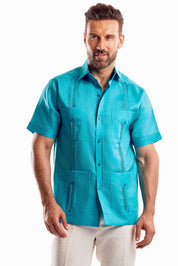 Camisa Guayabera Tradicional para Hombre Colección Mojito, Lino 100% Premium, Manga Corta, Diseño de 4 Bolsillos