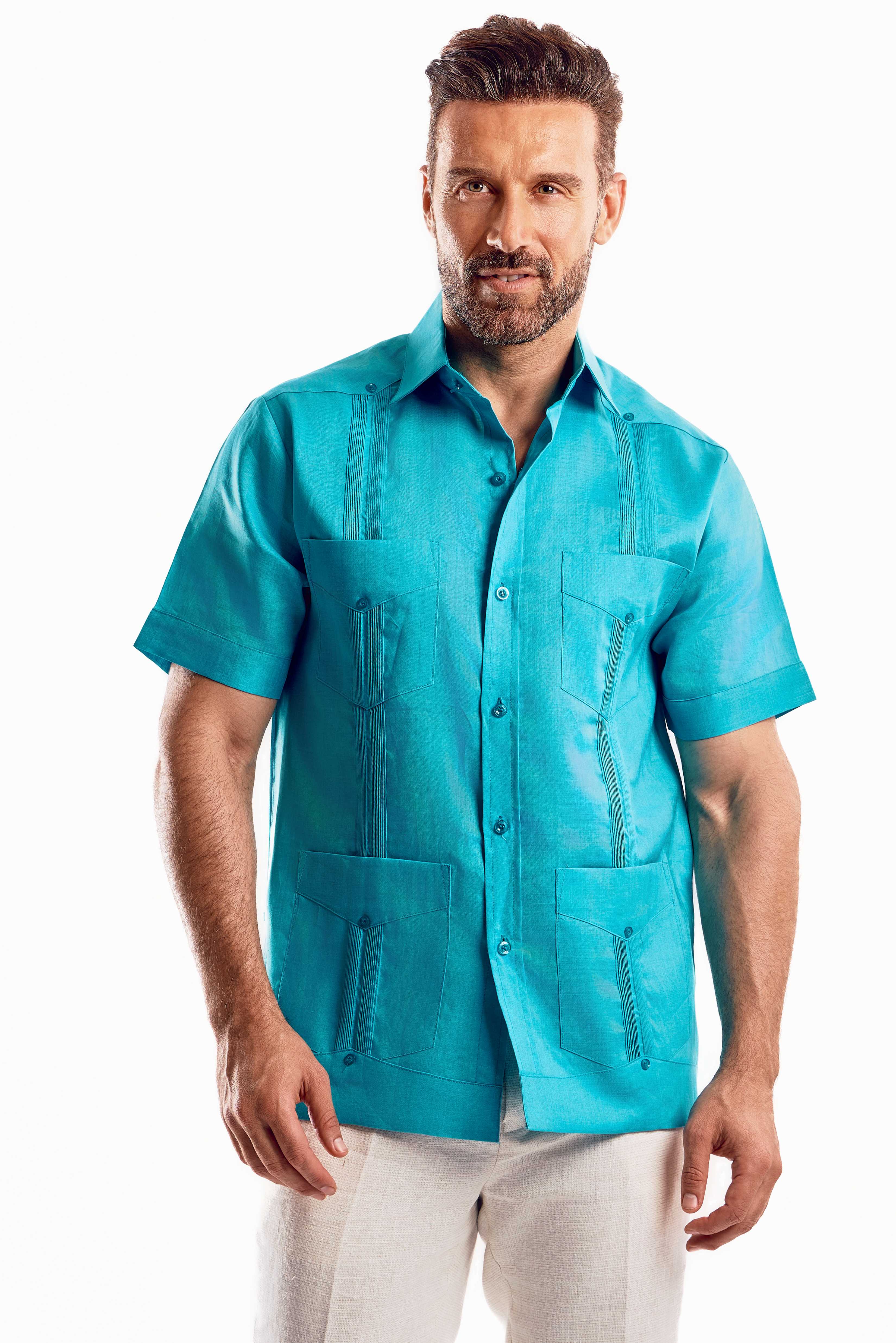 Camisa Guayabera Tradicional para Hombre Colección Mojito, Lino 100% Premium, Manga Corta, Diseño de 4 Bolsillos