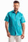Men's short sleeve linen guayabera shirt in vibrant turquoise with authentic traditional embroidery and four pockets.