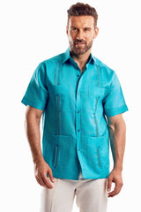 Camisa Guayabera Tradicional para Hombre Premium 100% Lino Manga Corta Diseño de 4 Bolsillos