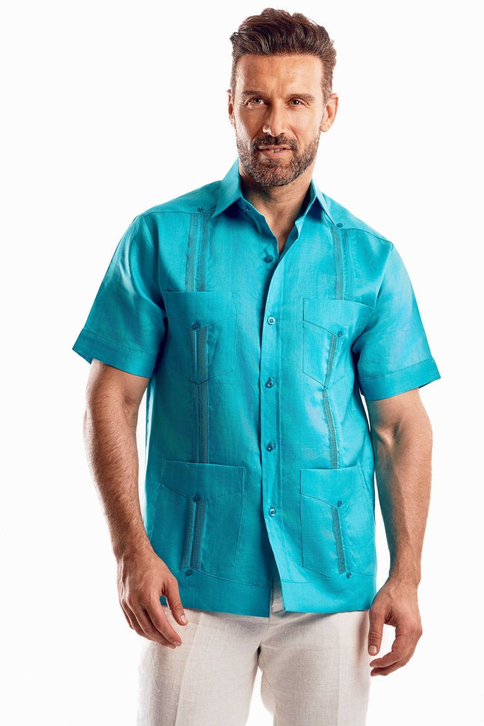 Men's 100% linen guayabera shirt in black featuring traditional four-pocket styling and vertical pleats for a modern resort look.
