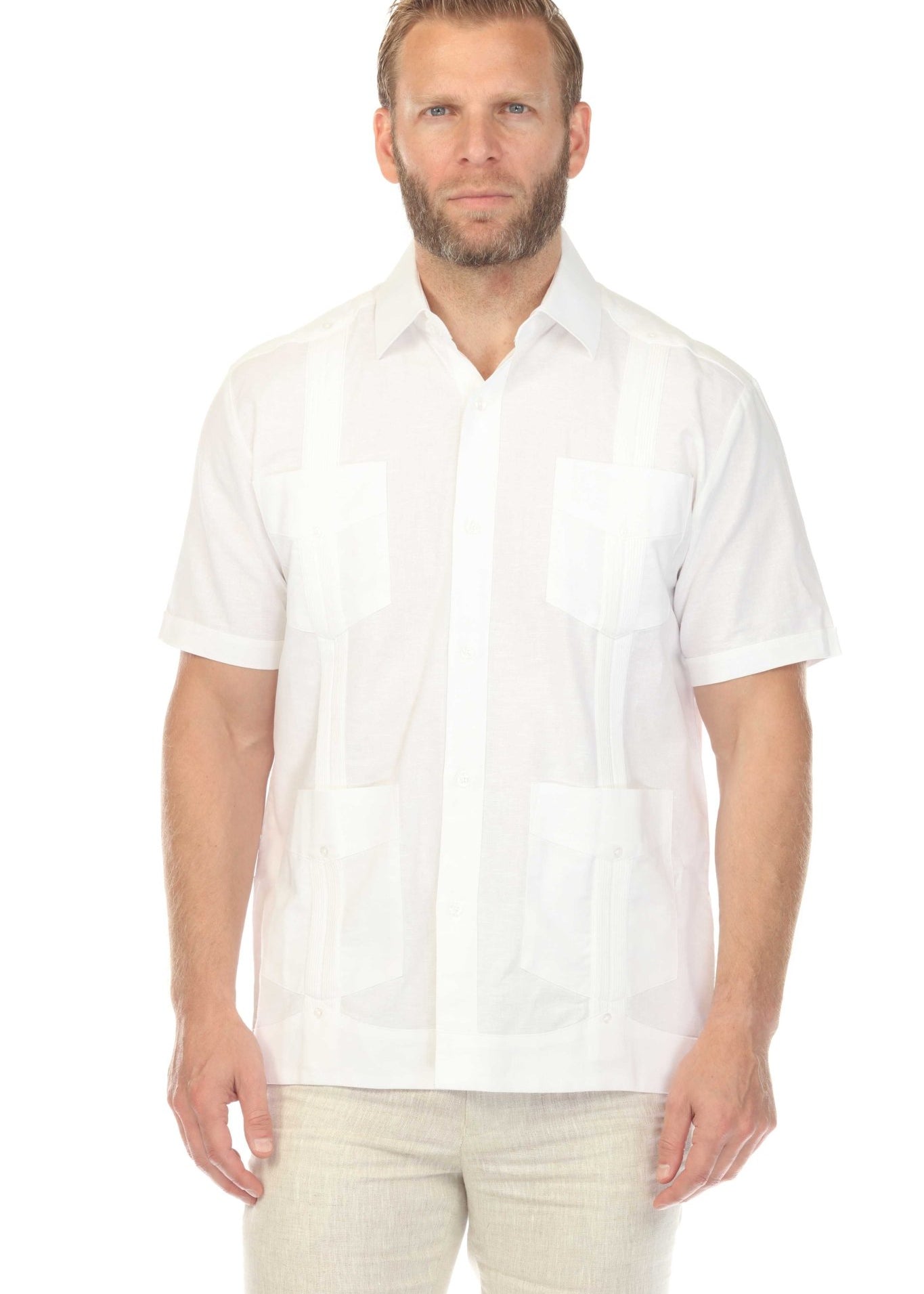 Front view of a men's white short sleeve linen guayabera shirt with subtle embroidery and functional pockets.