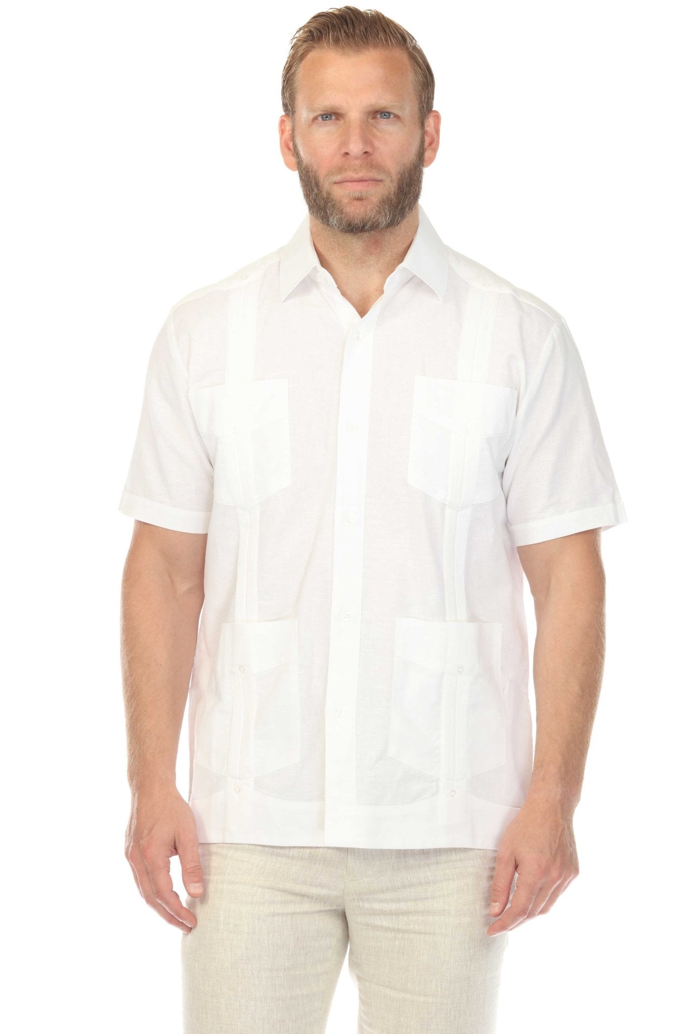 Front view of a men's white short sleeve linen guayabera shirt with subtle embroidery and functional pockets.