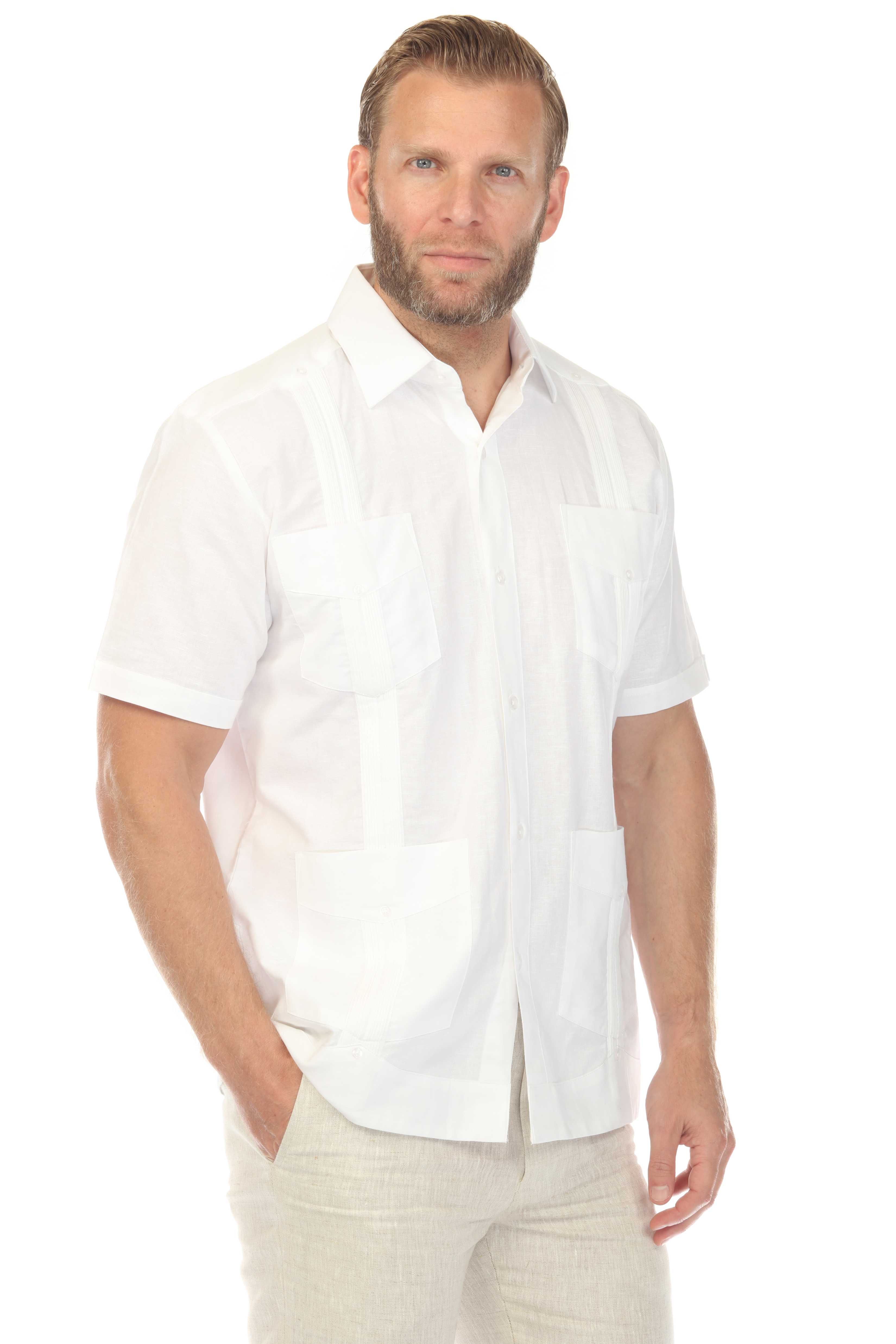 Camisa Guayabera Tradicional para Hombre Premium 100% Lino Manga Corta Diseño de 4 Bolsillos