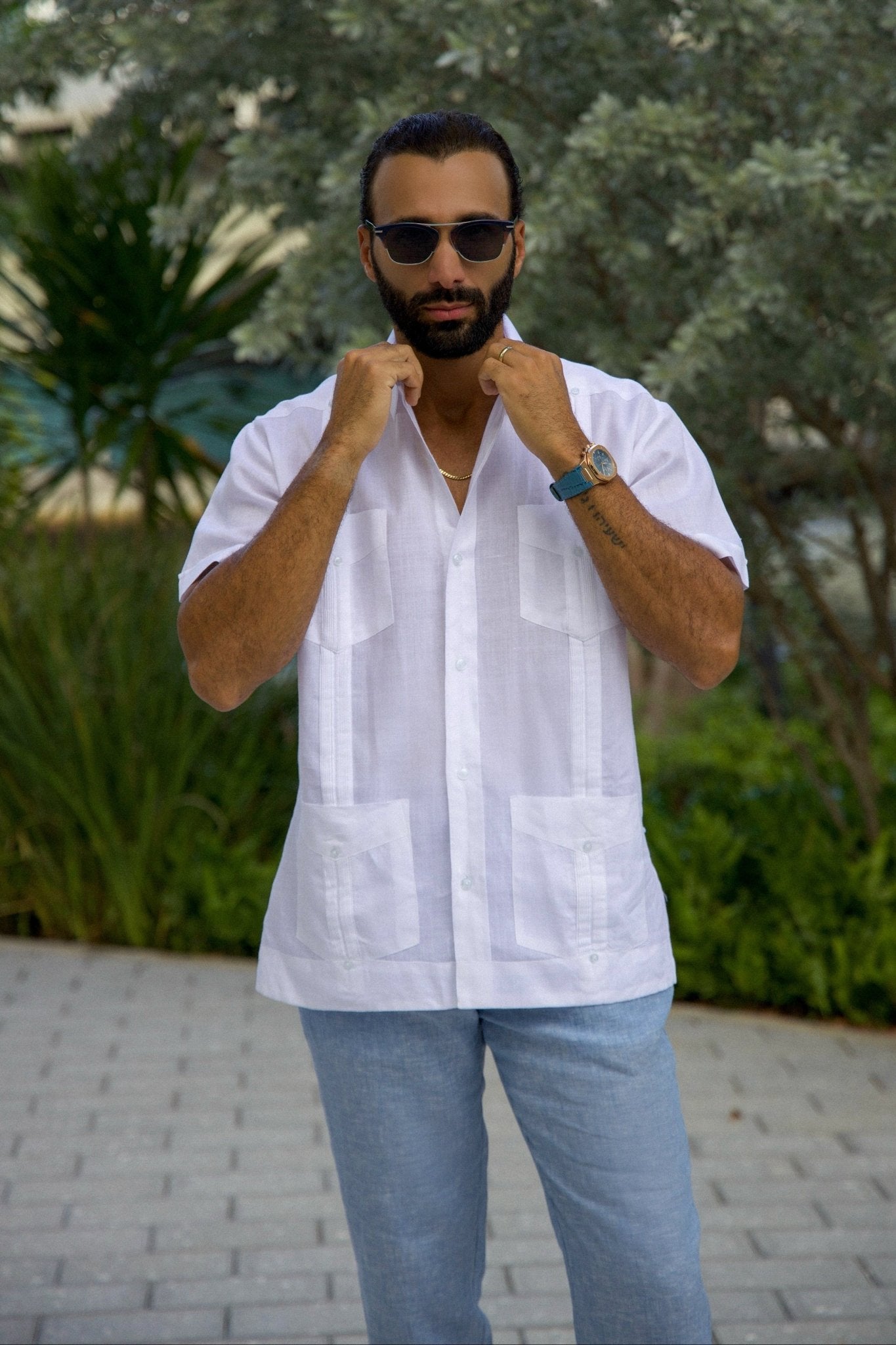 100% Linen Guayabera Shirt Four Pocket Short Sleeve
