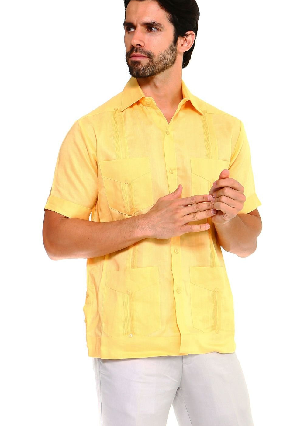 Men's yellow 100% linen guayabera shirt, ideal for beach weddings and summer celebrations.