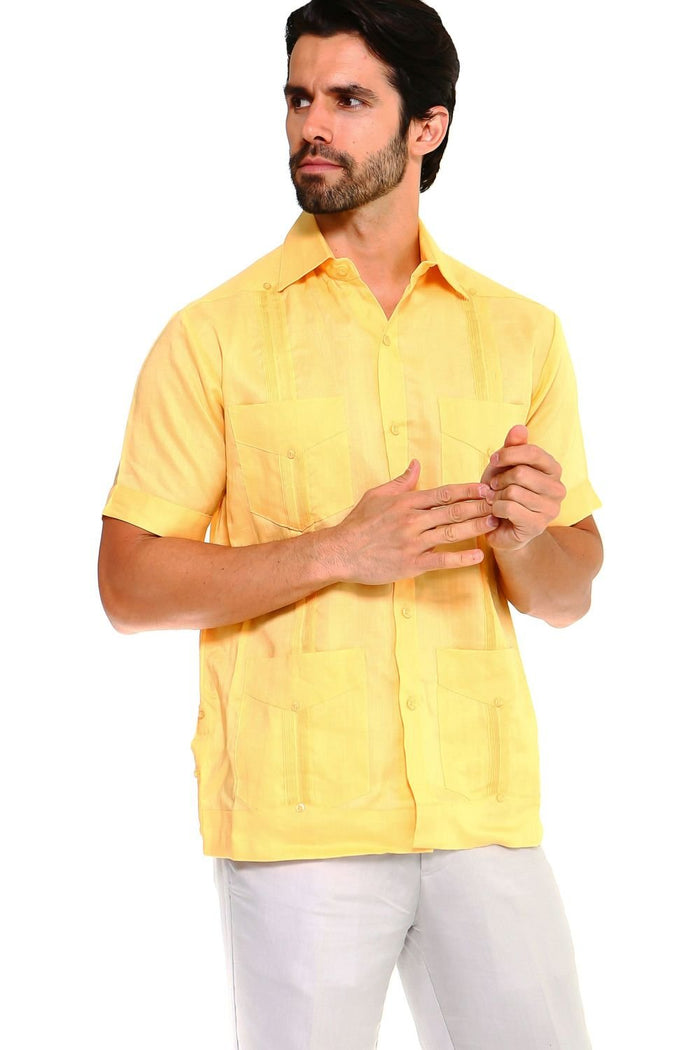 Men's 100% linen guayabera shirt in black featuring traditional four-pocket styling and vertical pleats for a modern resort look.