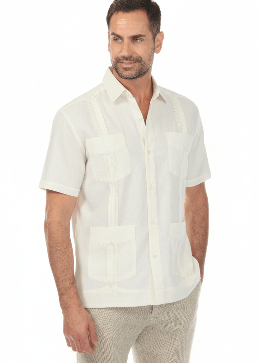 Classic off-white 100% linen guayabera shirt for men featuring a refined collar and polished modern finish.