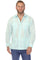 Man wearing a light blue linen guayabera shirt on a white background
