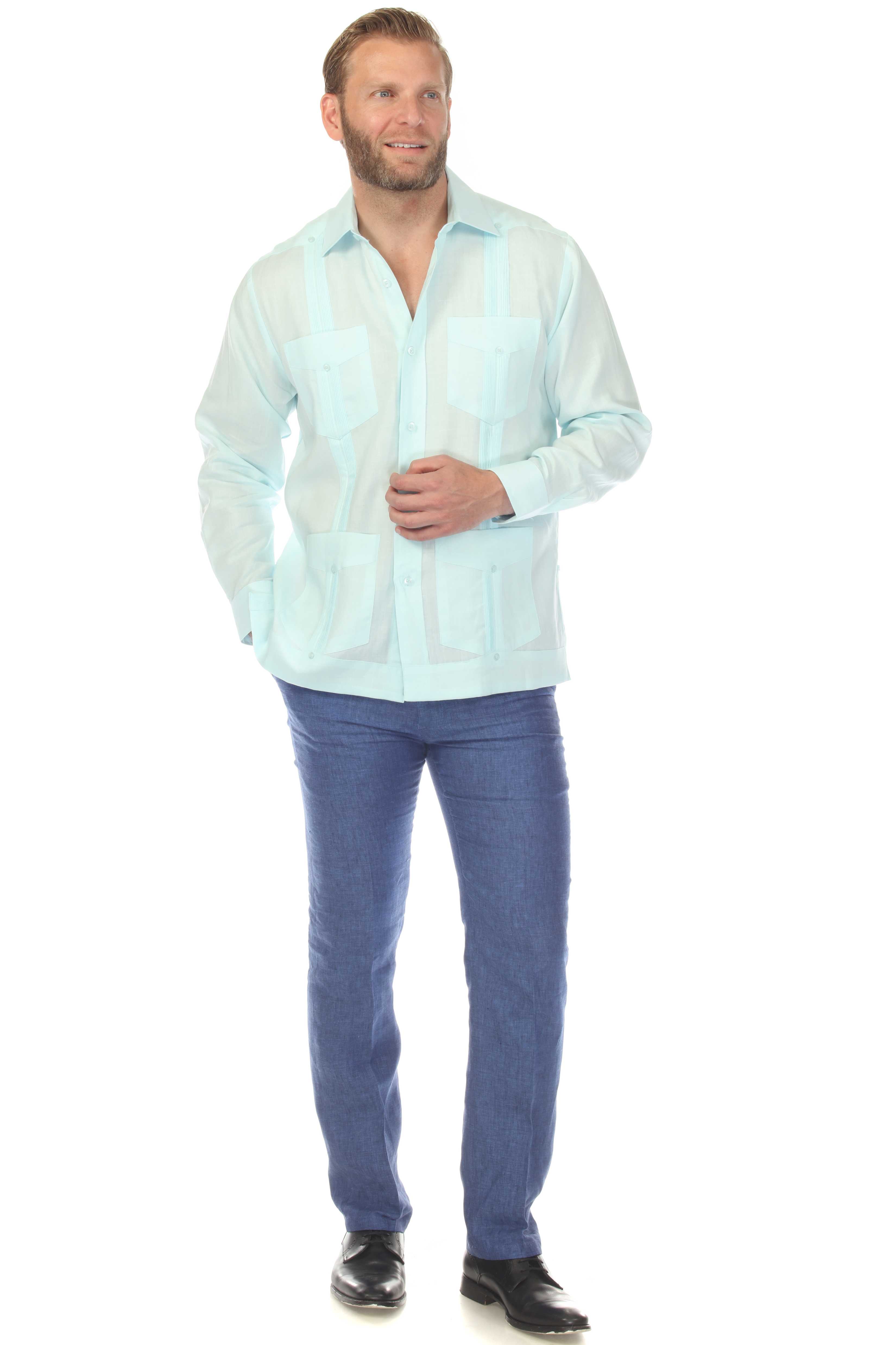 Men's 100% Linen Classic Four-Pocket Long Sleeve Guayabera Shirt