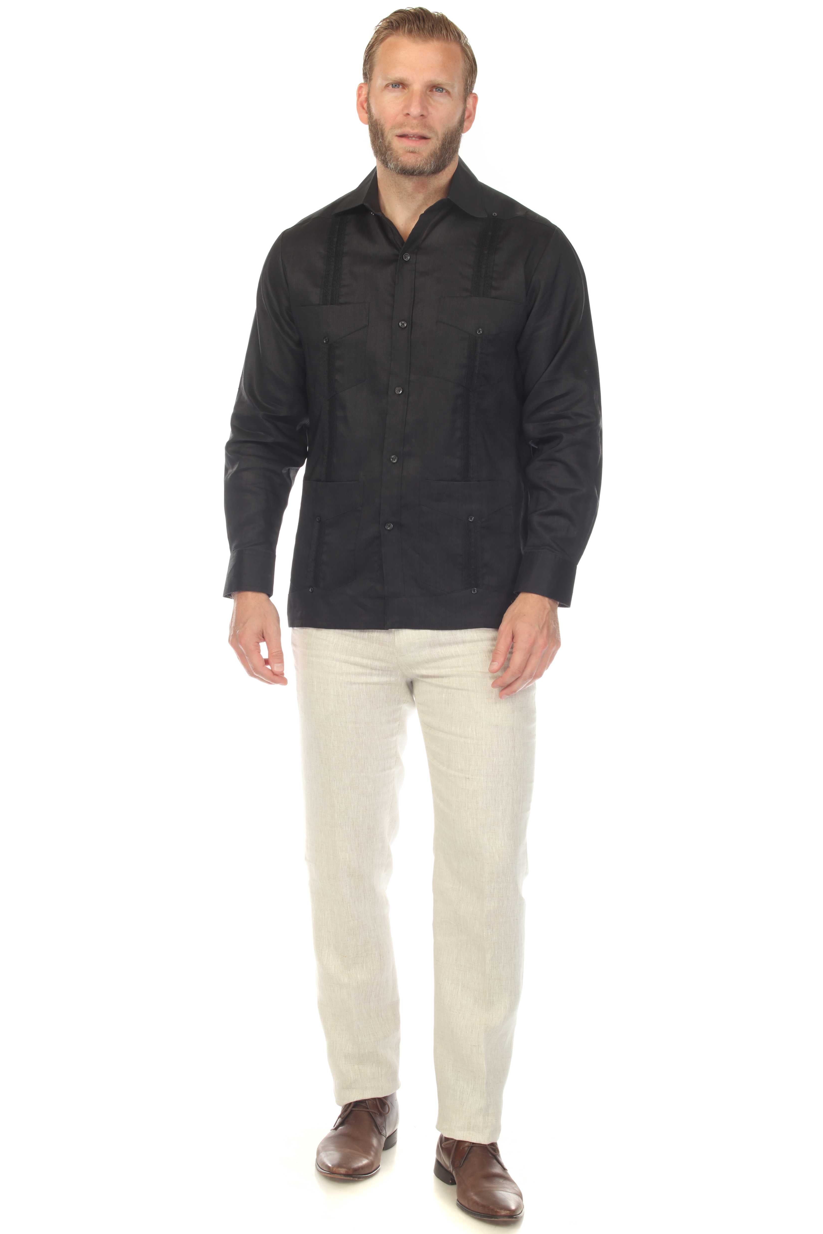 Men's 100% Linen Classic Four-Pocket Long Sleeve Guayabera Shirt
