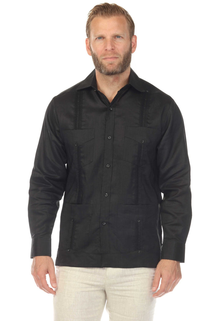 Front view of a man wearing a white Men's Linen Classic Four-Pocket Long Sleeve Guayabera Shirt.