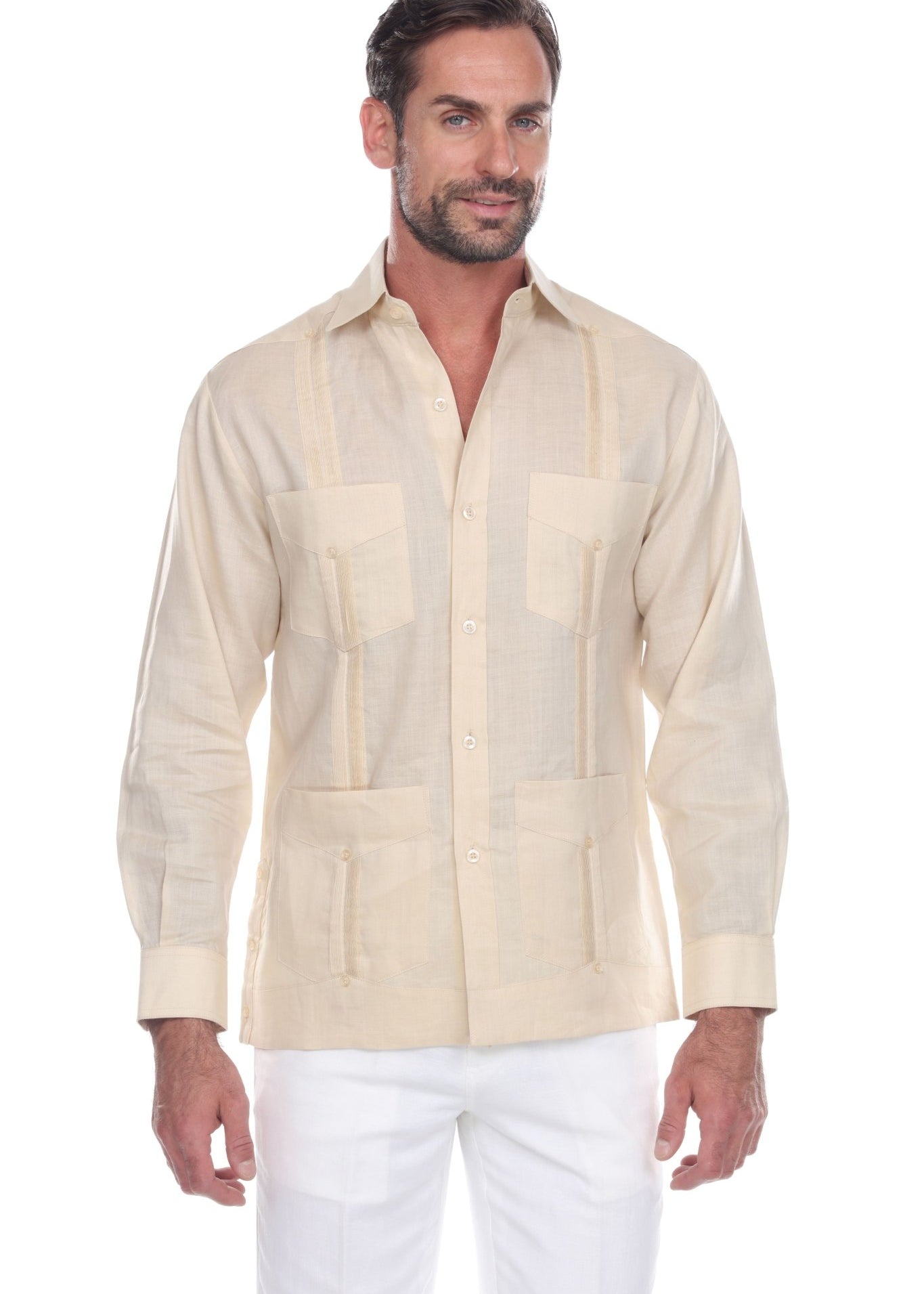 Front view of a man wearing a light beige long-sleeve 4-pocket Men’s Big & Tall Guayabera Shirt.