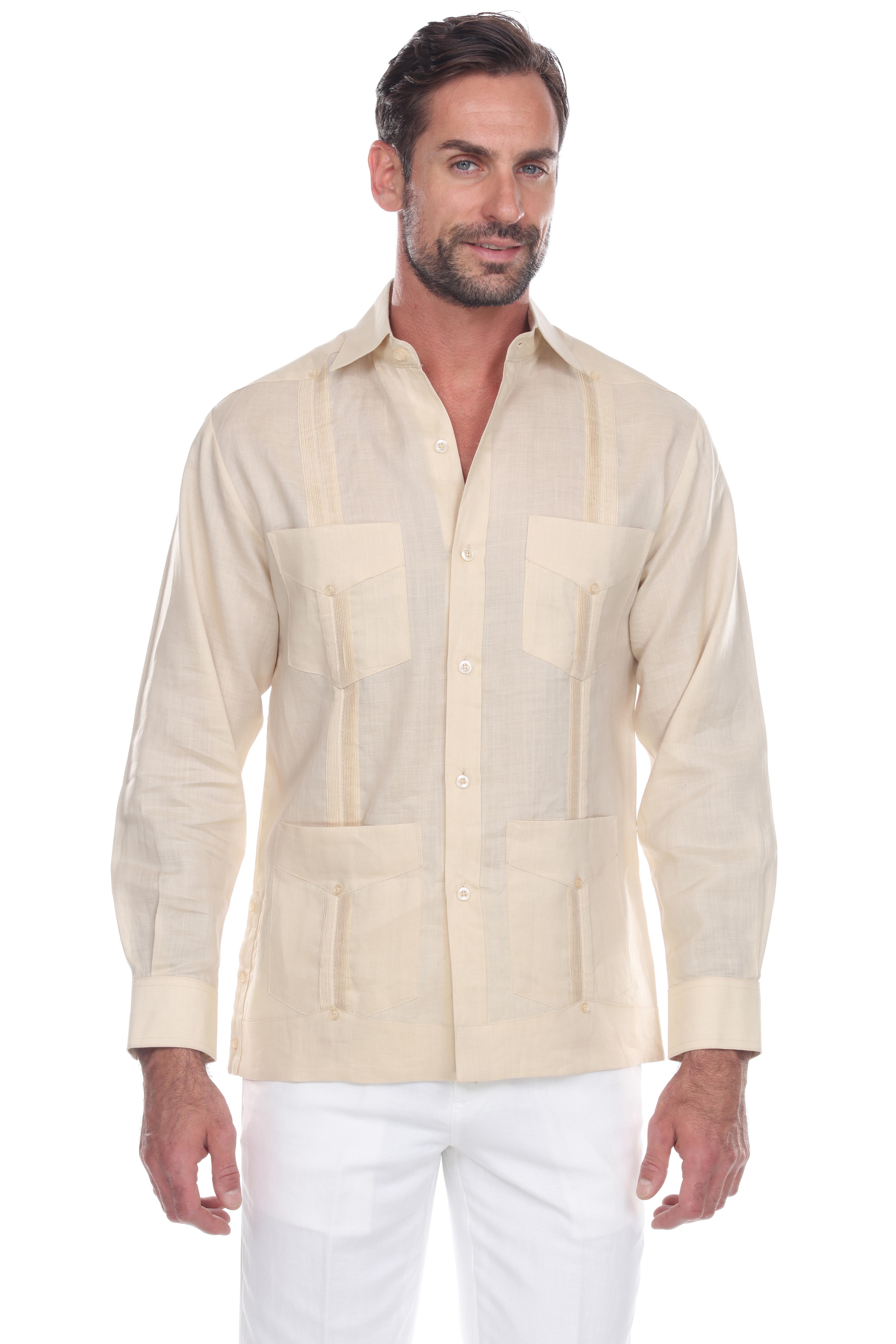 Men's Plus Size 100% Linen Classic Four-Pocket Long Sleeve Guayabera Shirt