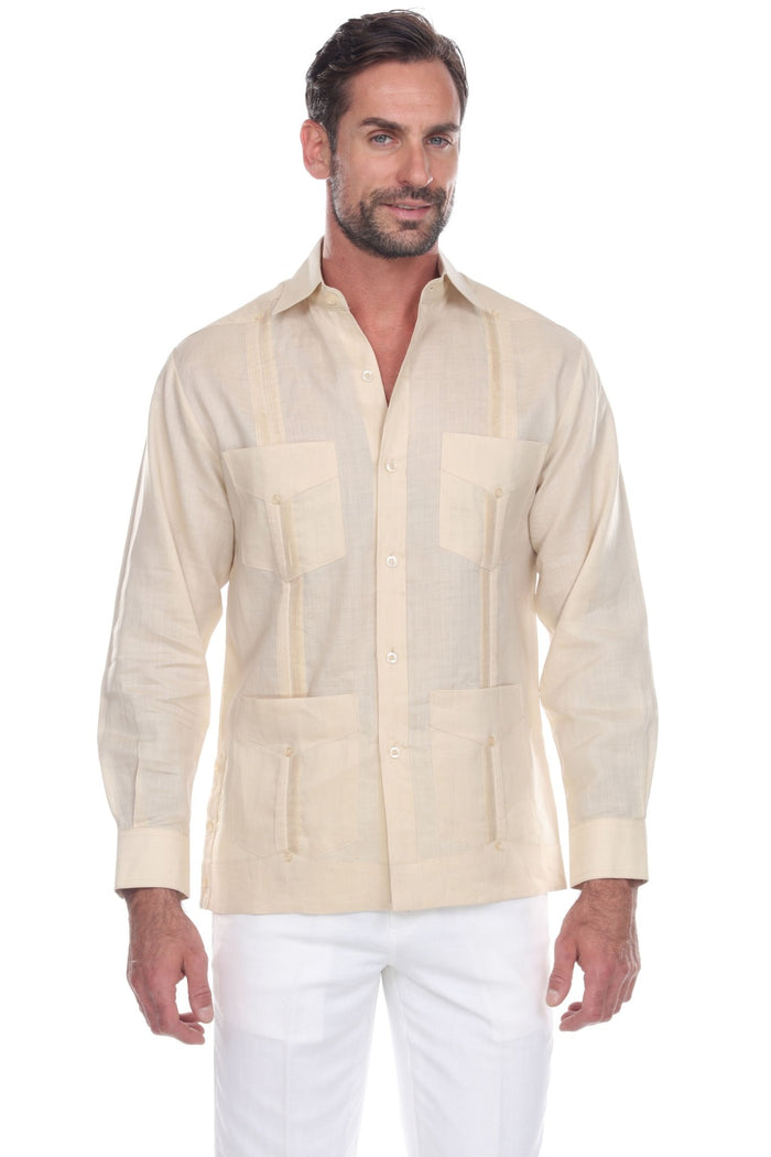 Front view of a man wearing a light beige long-sleeve 4-pocket Men’s Big &amp; Tall Guayabera Shirt.