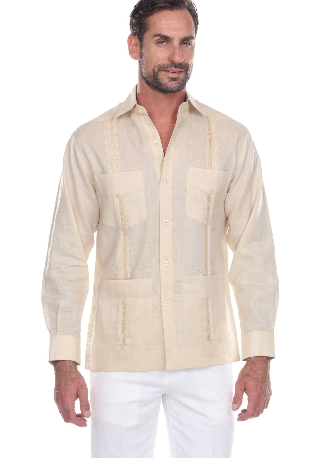 Front view of a man wearing the cream-colored Men's Linen Classic Four-Pocket Long Sleeve Guayabera Shirt.