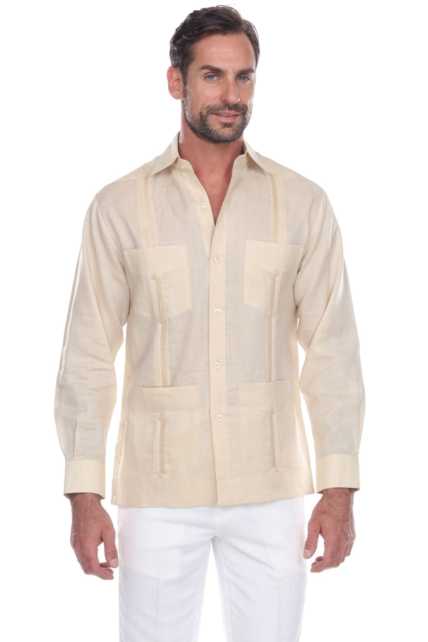 Front view of a man wearing the cream-colored Men's Linen Classic Four-Pocket Long Sleeve Guayabera Shirt.