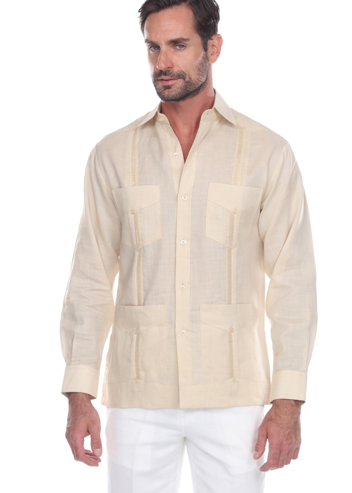 Front view of a man modeling the natural linen four-pocket long-sleeve Guayabera shirt.