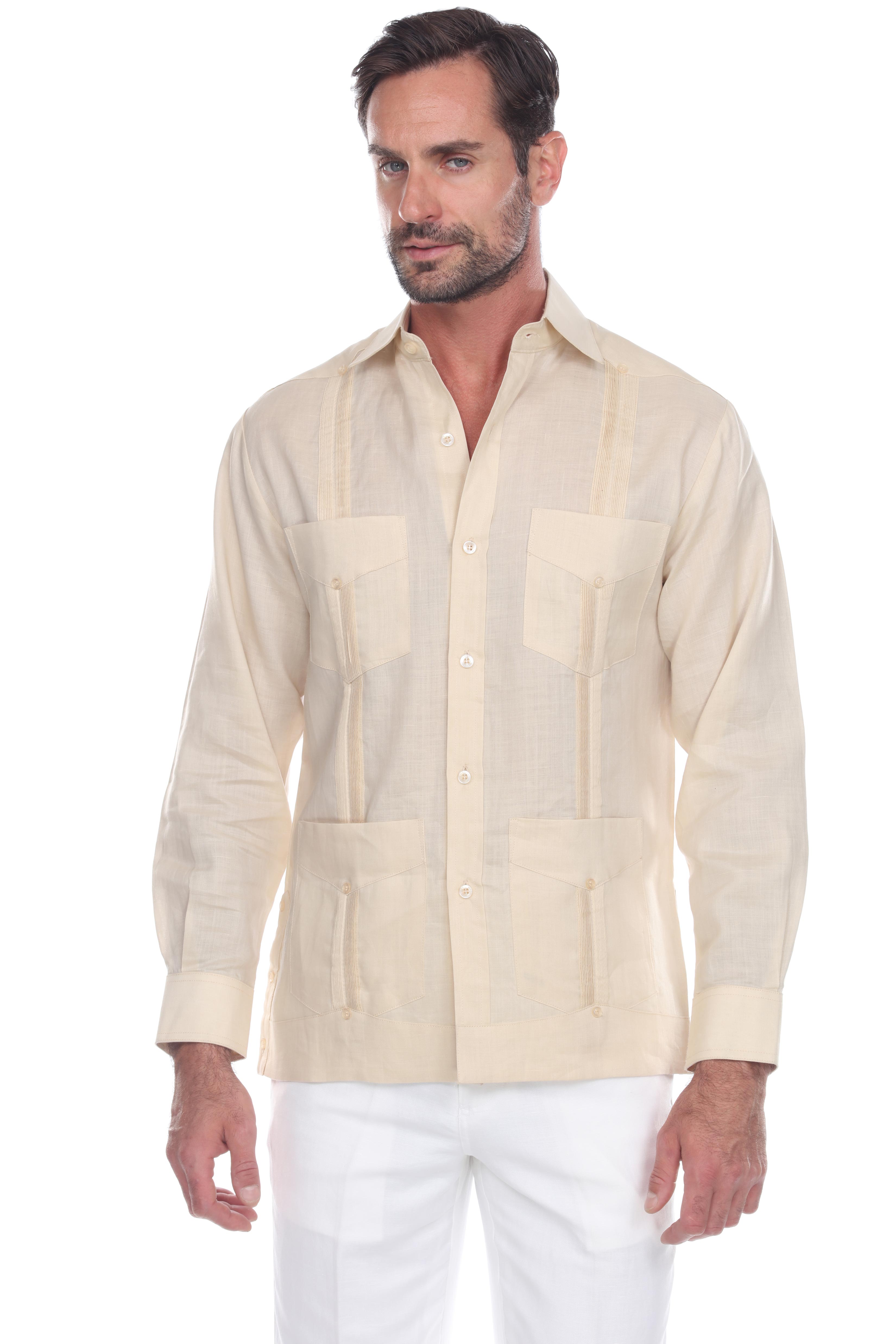 Men's 100% Linen Classic Four-Pocket Long Sleeve Guayabera Shirt