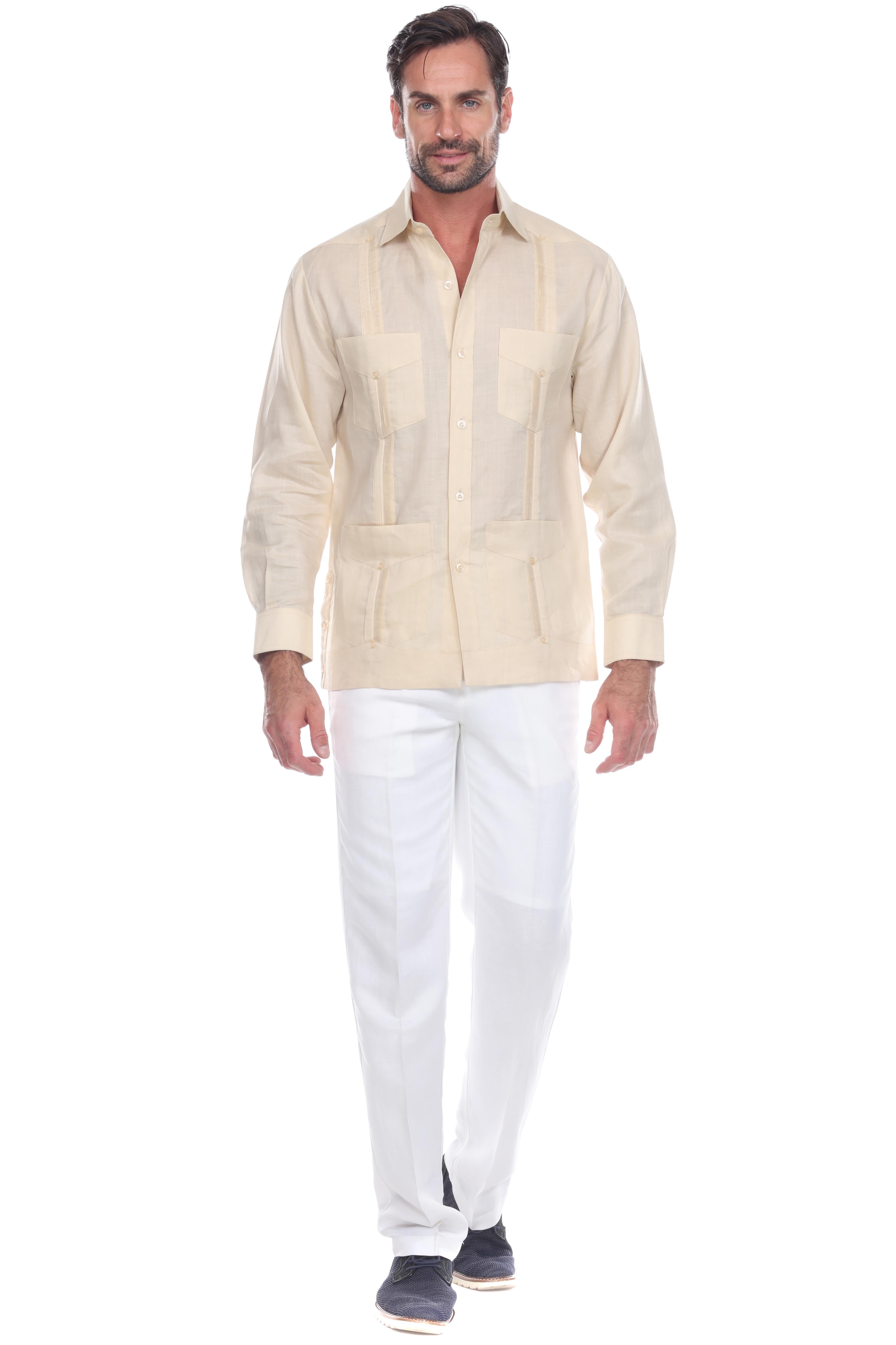 Men's 100% Linen Classic Four-Pocket Long Sleeve Guayabera Shirt