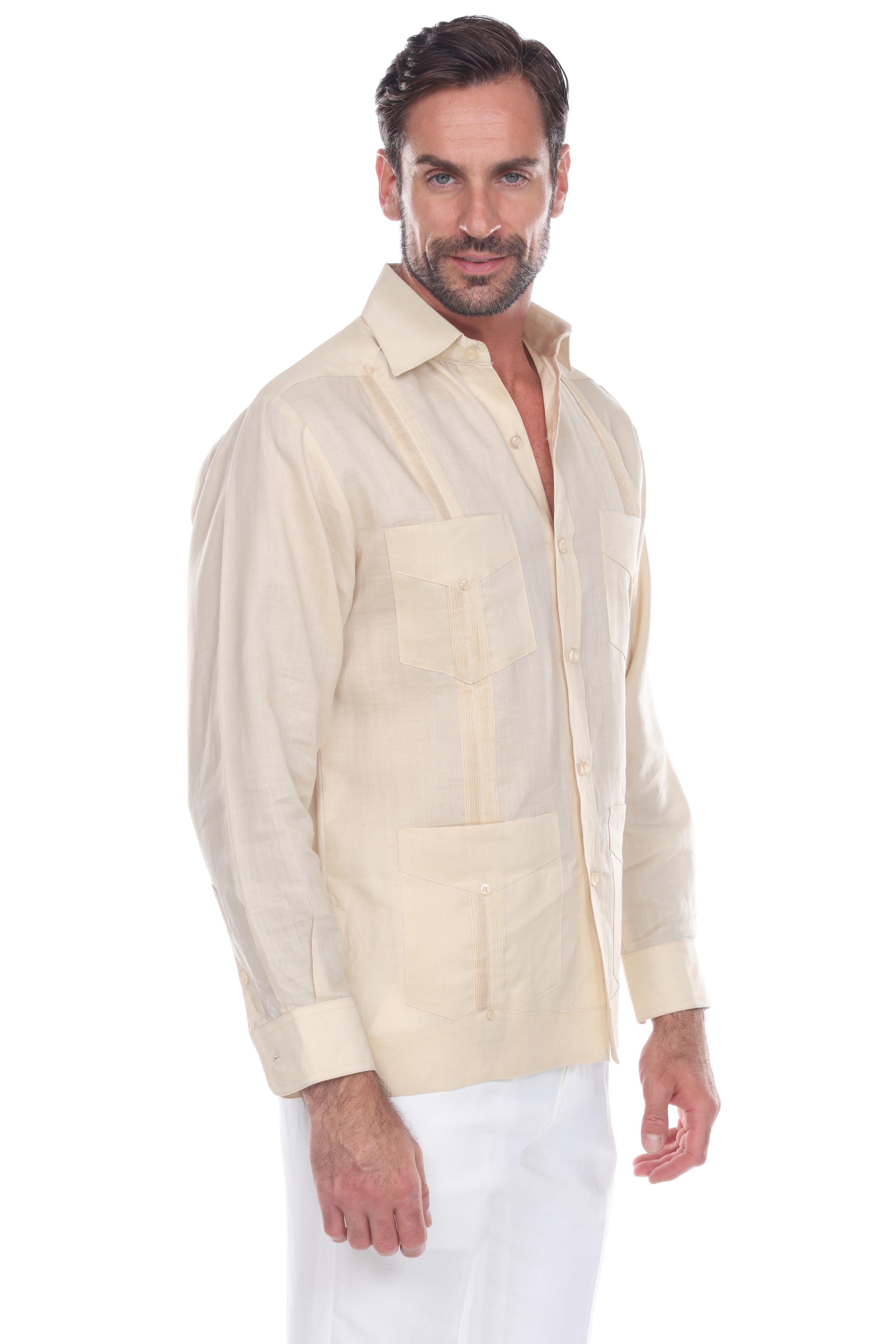 Men's 100% Linen Classic Four-Pocket Long Sleeve Guayabera Shirt