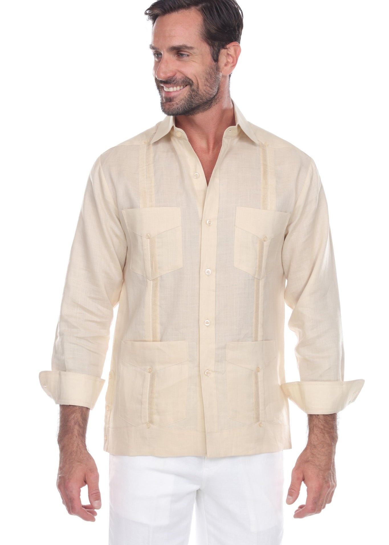 Front view of a tan linen men's Big & Tall Guayabera Shirt, long sleeved with four pockets.