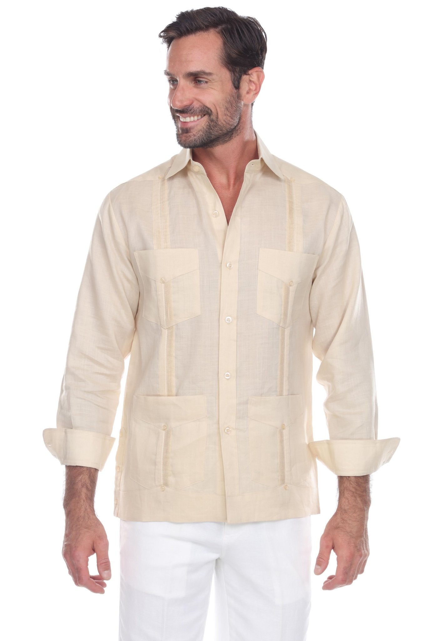 Men's 100% Linen Classic Four-Pocket Long Sleeve Guayabera Shirt