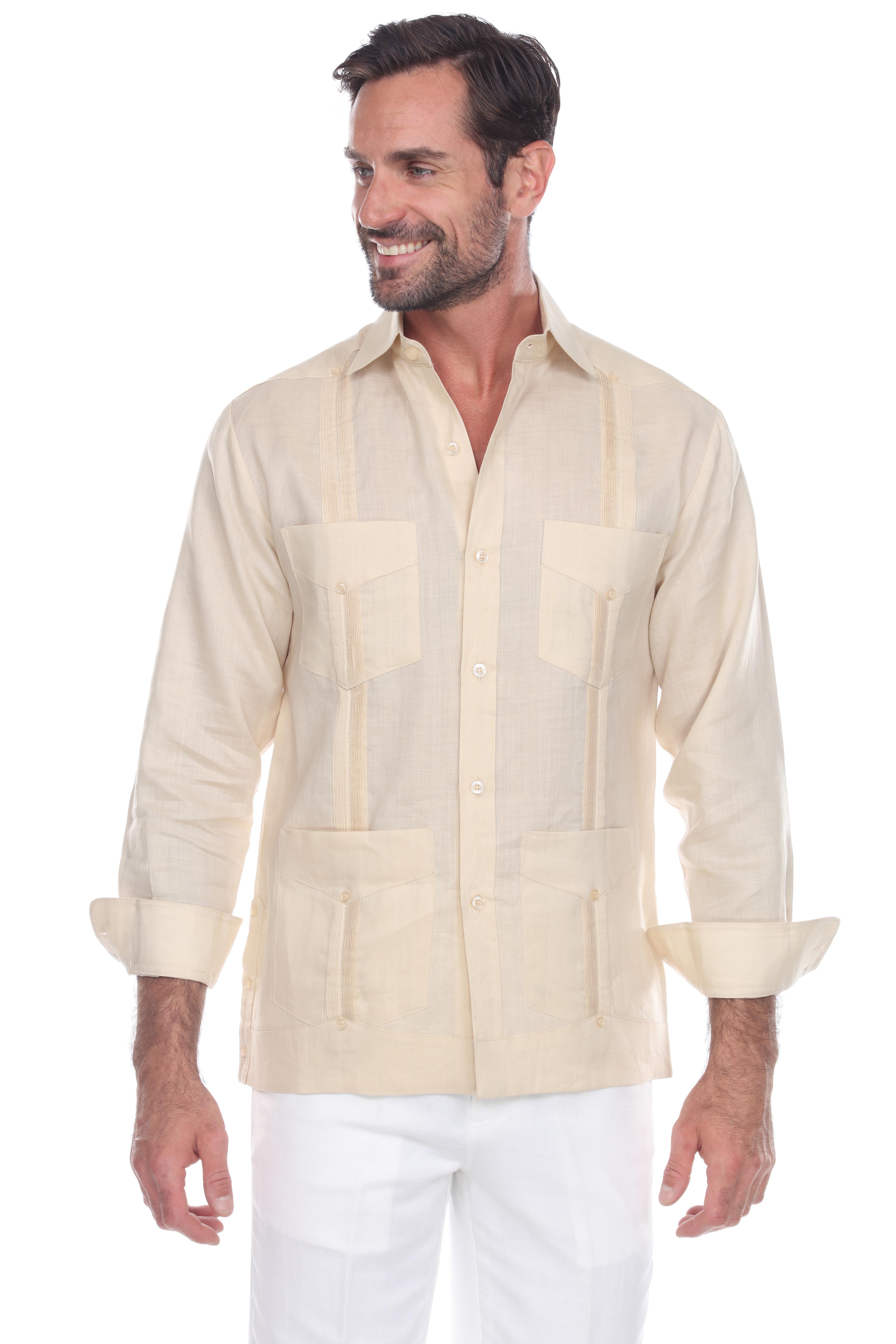 Men's 100% Linen Classic Four-Pocket Long Sleeve Guayabera Shirt